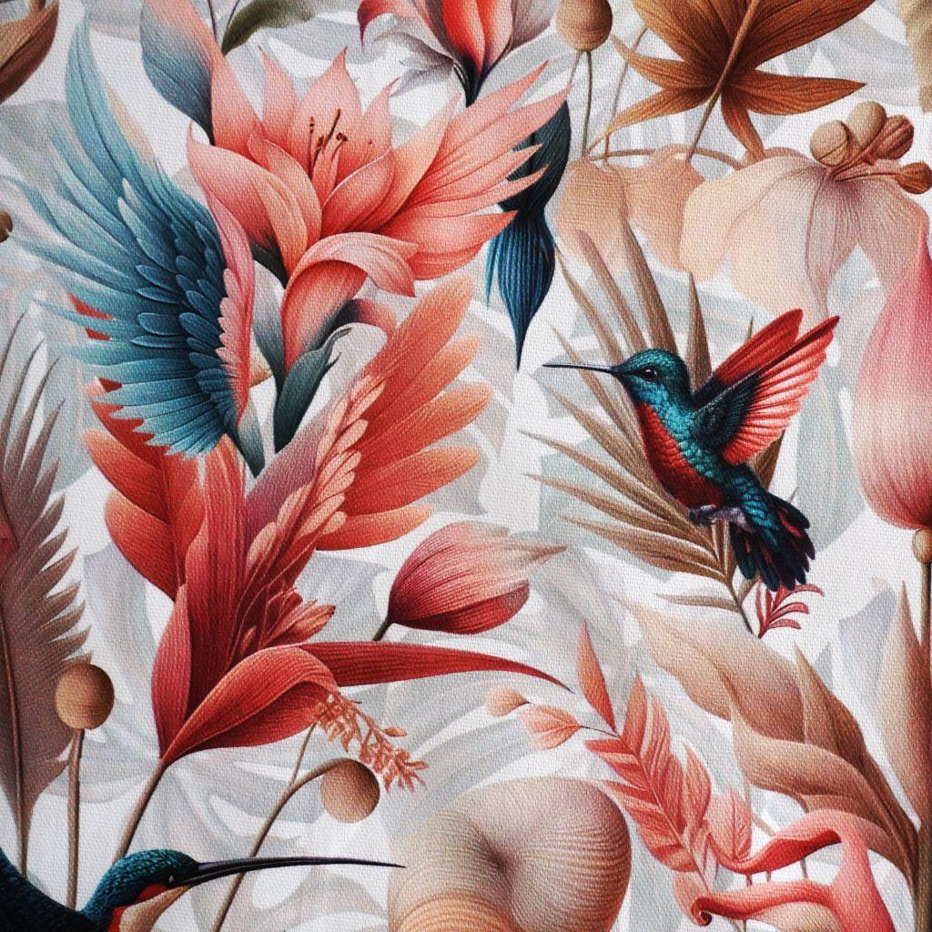 Dekostoff Halbpanama Kolibri mit Pflanzen rosa petrol